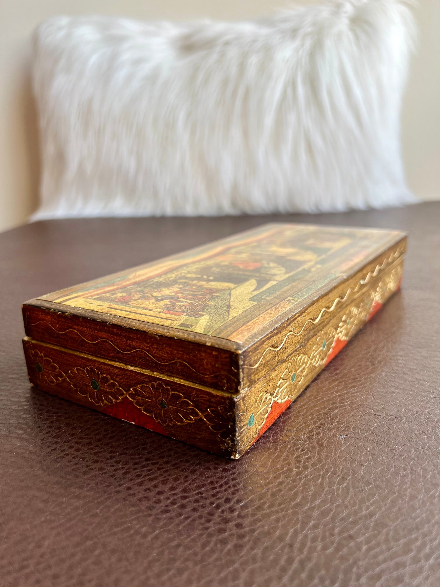 Italian Florentine Gold Gilt Large Jewelry/ Trinket Wooden Box, Wedding Scene on Top of the Lid