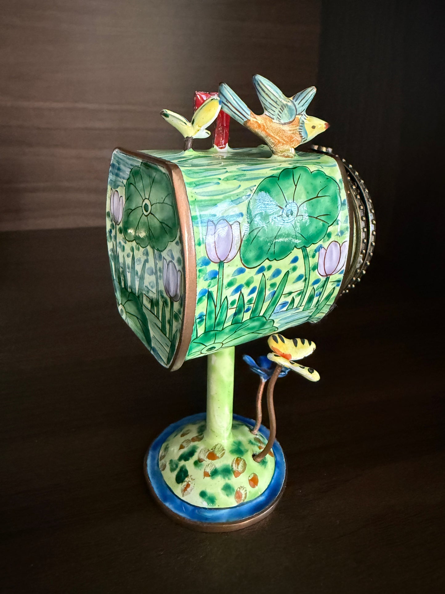 Vintage Hand-Painted Enamel on Copper Miniature Kelvin Chen Mailbox, Trinket Box and Stamps Holder - Numbered