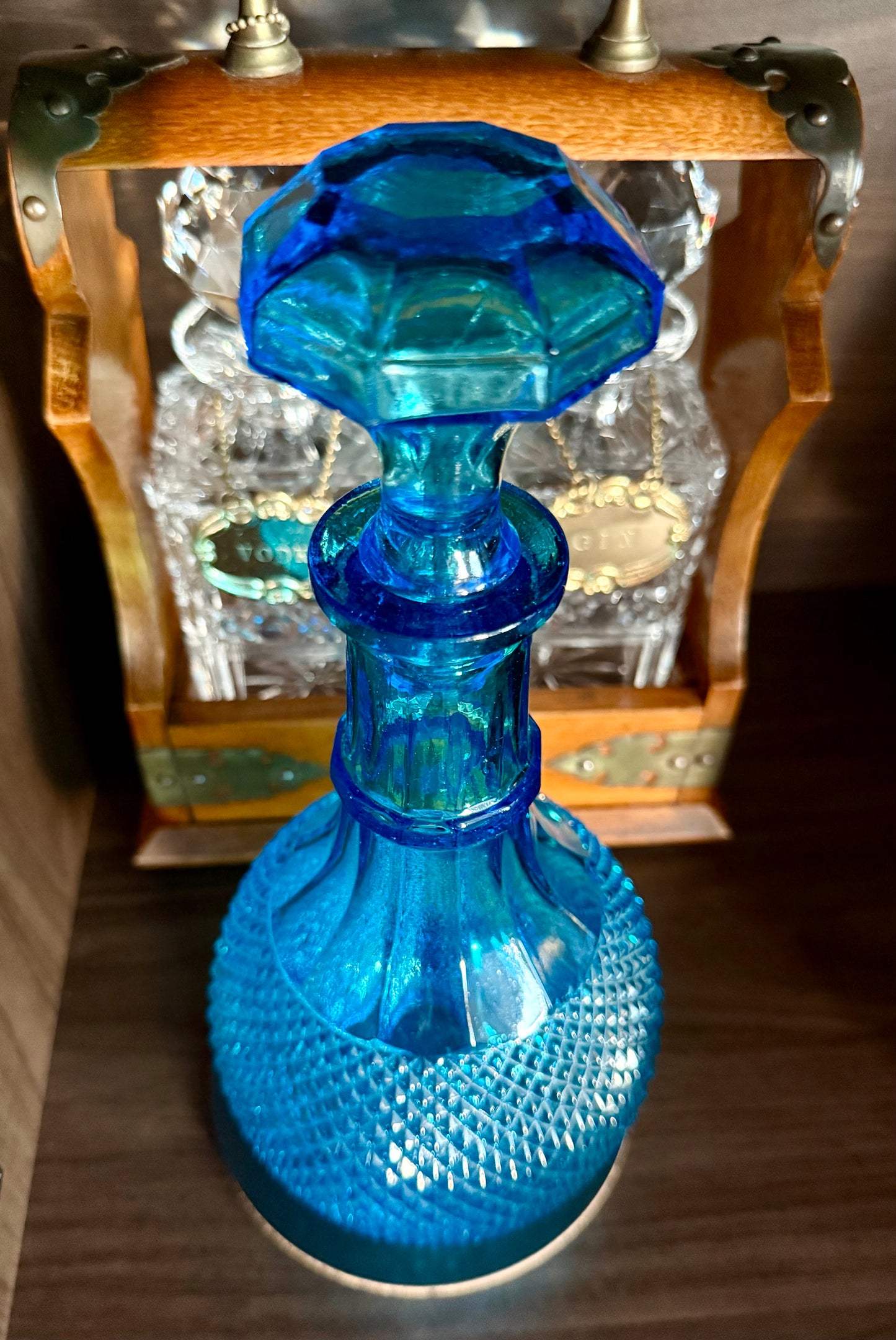 Mid-Century Italian Vintage Empoli-Style Blue Diamond Cut Glass Decanter Bottle