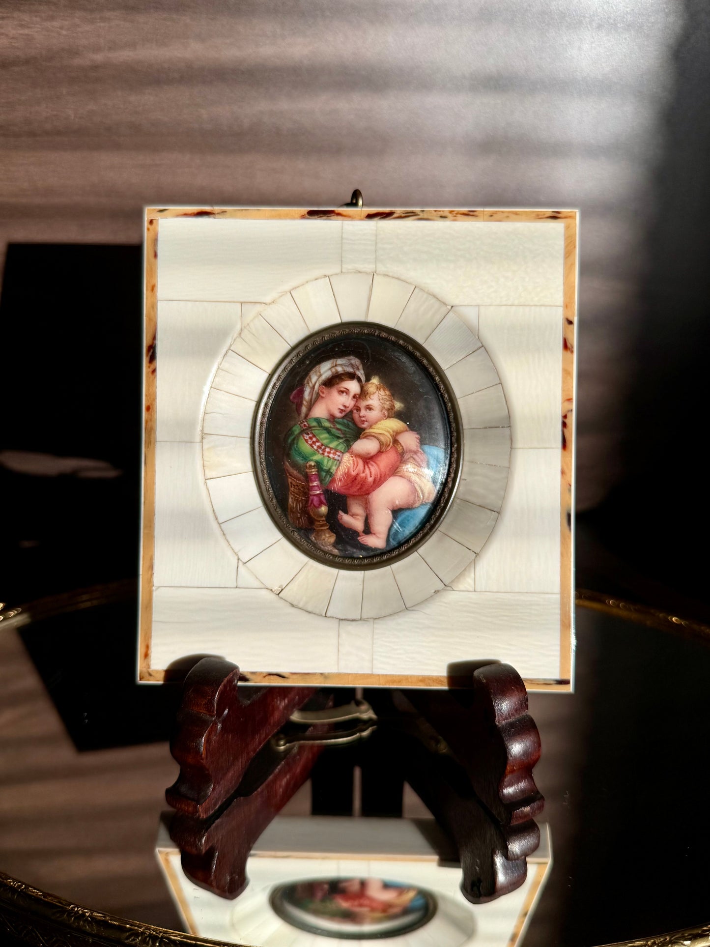 Antique Italian Miniature Porcelain Plaque Hand-painted Madonna and Child in Bone Frame