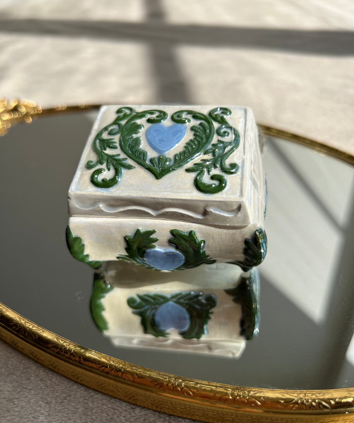 Green Floral & Blue Heart Vintage Small Ceramics Jewelry Box