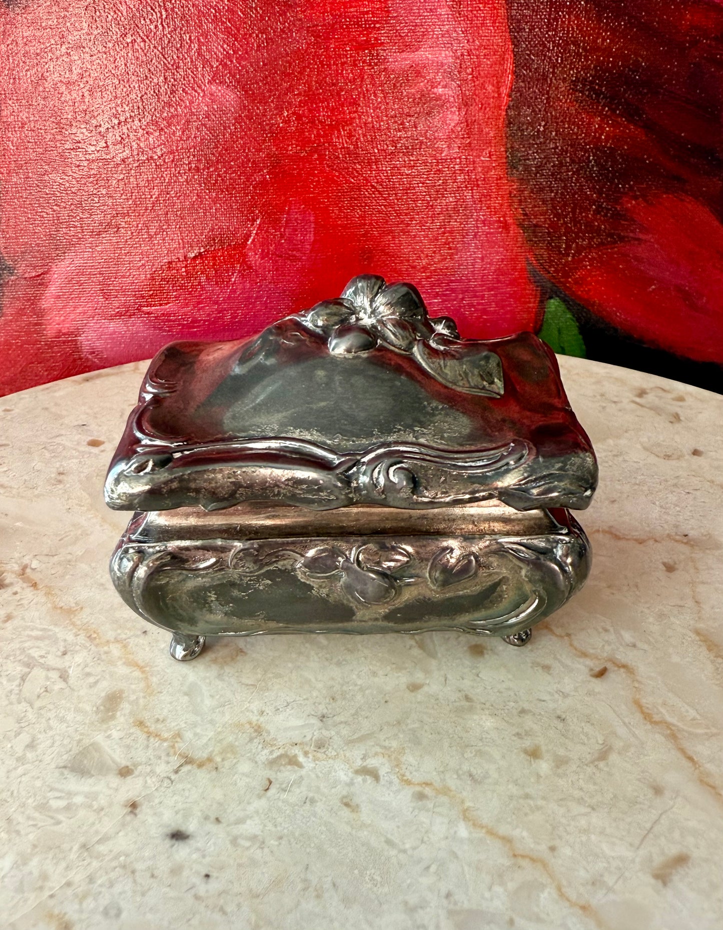 Art Nouveau Style Vintage Metal Floral Casket Jewelry Box, from Early 20th Century, Made by Jennings Brothers (JB 181)