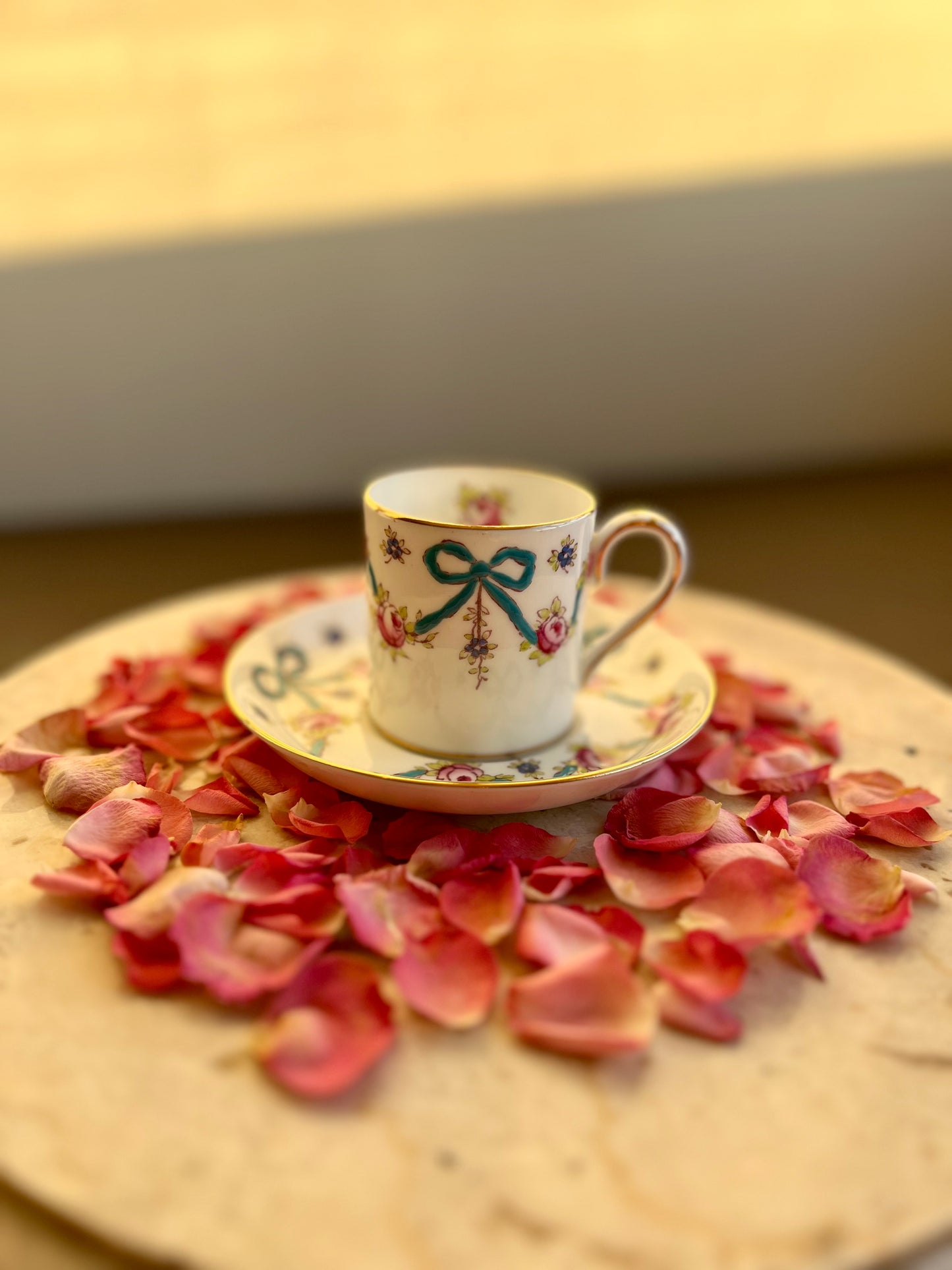 Crown Staffordshire Bright Blue Enameled Ribbon and Looped Bows Pattern Coffee Cup and Saucer from 1940-50's