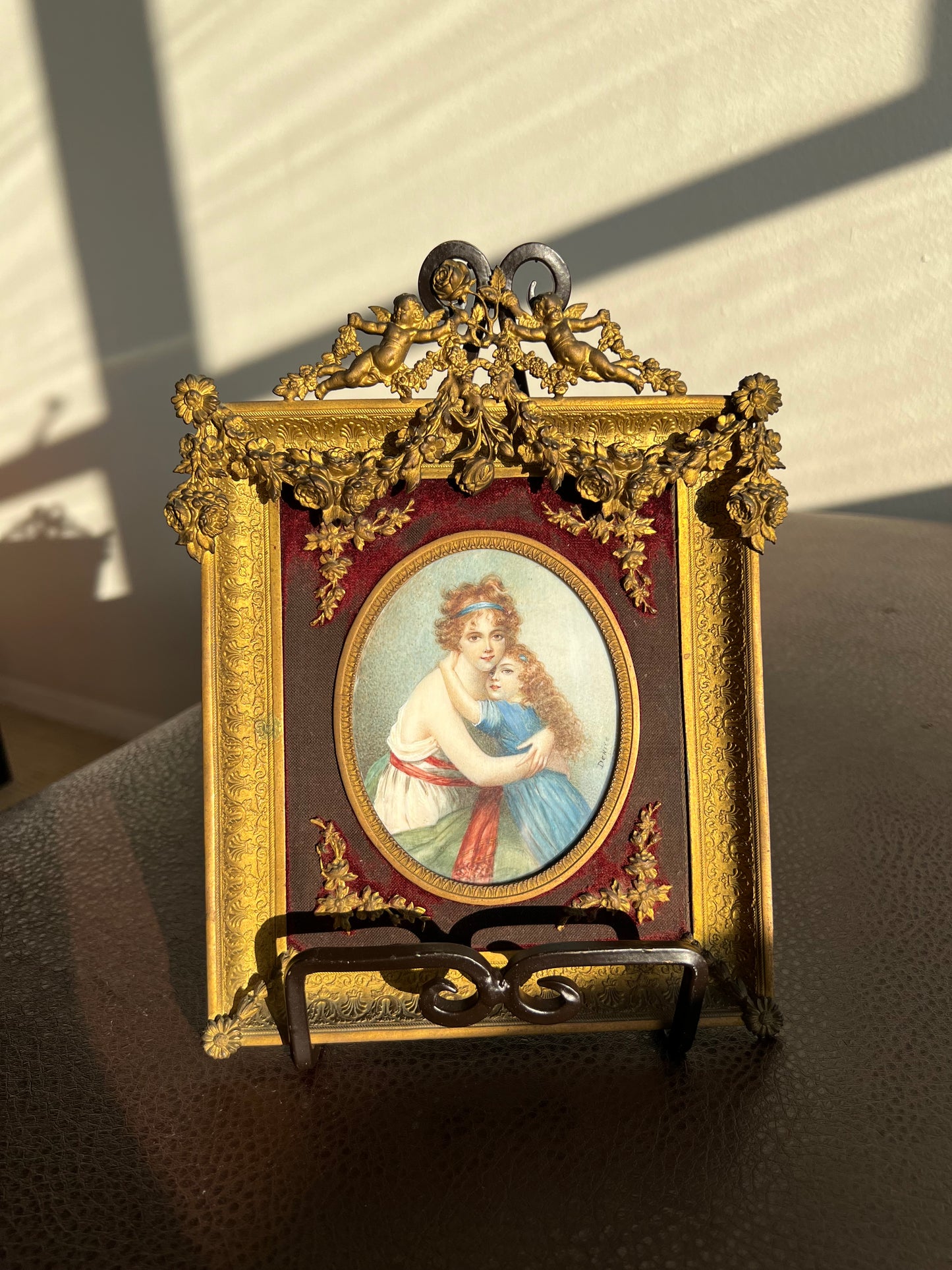 Antique French Mother and Daughter Miniature Portrait Signed Painting, Bronze Framed circa Late 19th Century