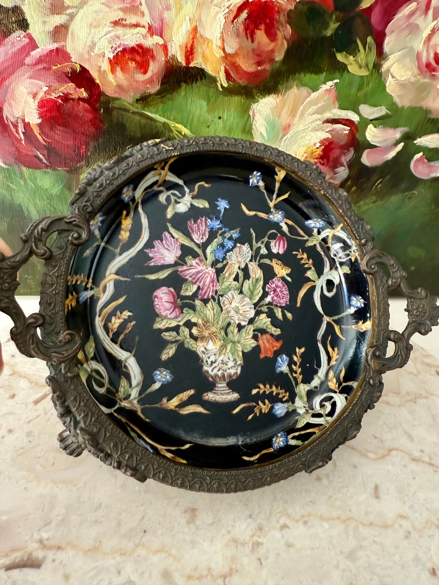 Antique Porcelain Chinese Hua Rong Tang Zhi Bronze Footed, Enameled Hand-Painted Flowers Trinket or Soap Dish, Ornate Tray