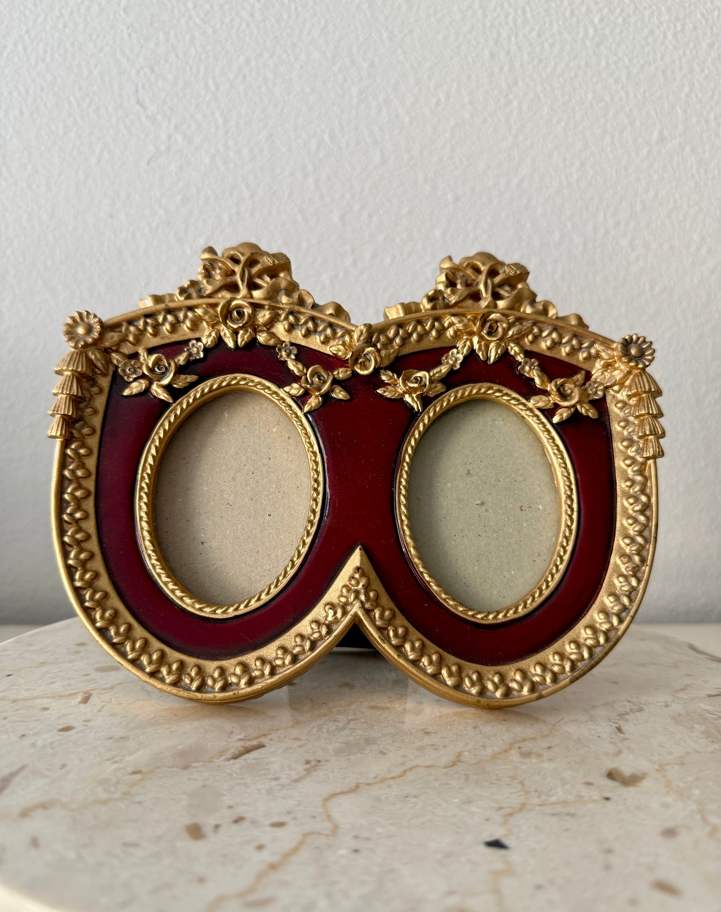 French Baroque Style Vintage Gold And Burgundy Oval Double Photo Frame (NOT Brass)