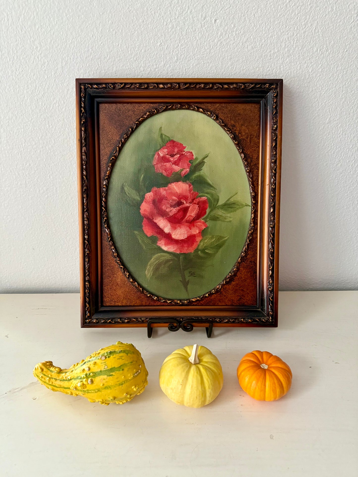 Vintage Oil Painting Red Roses on Canvas in Wooden Frame Signed by the Artist