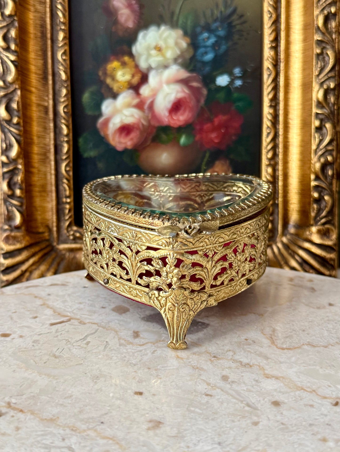 Antique French Style Gold-plated Ormolu Filigree Heart-shaped Trinket or Jewelry Box with a Plush Red Velvet Lining