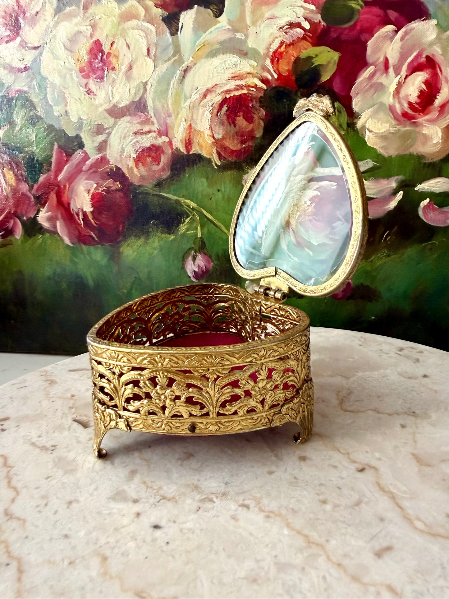 Antique French Style Gold-plated Ormolu Filigree Heart-shaped Trinket or Jewelry Box with a Plush Red Velvet Lining