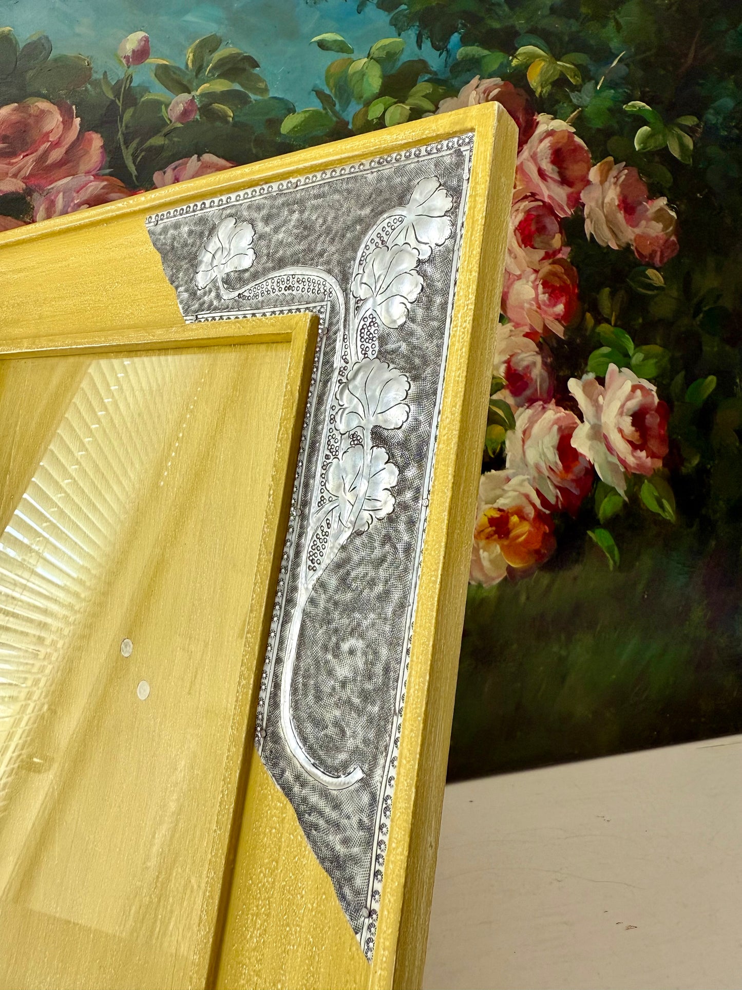 Vintage Mustard Yellow Wooden Picture/ Photo Frame with Metal Floral Decoration on the Corners