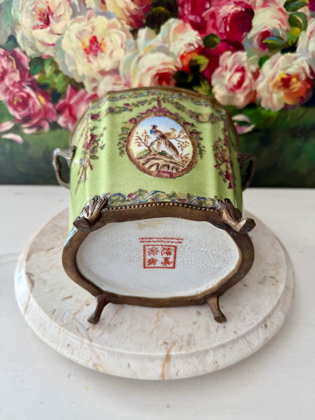 Antique Green Pheasant Bird and Floral Garland Porcelain Brass Footed Cache Pot or Jardiniere