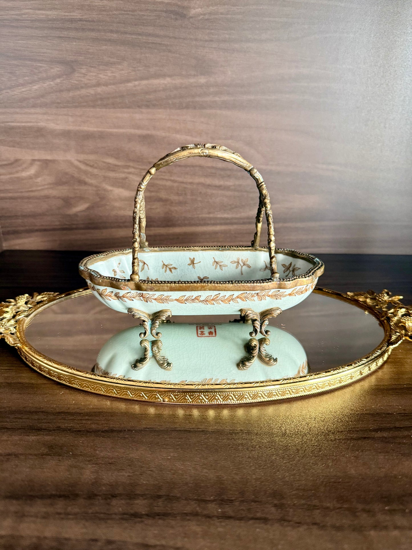 Antique-Looking Art Nouveau Style Porcelain Floral Crackle Glazed Footed Basket Trinket Dish with Bronze Handle