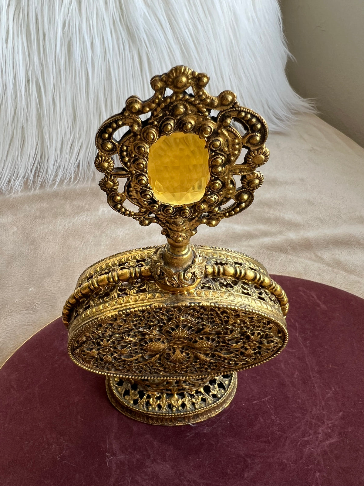 1950s or 1960s Hollywood Regency Style Vintage Ormolu Filigree Gilded Brass Perfume Bottle with a Large Yellow Rhinestone on the Top