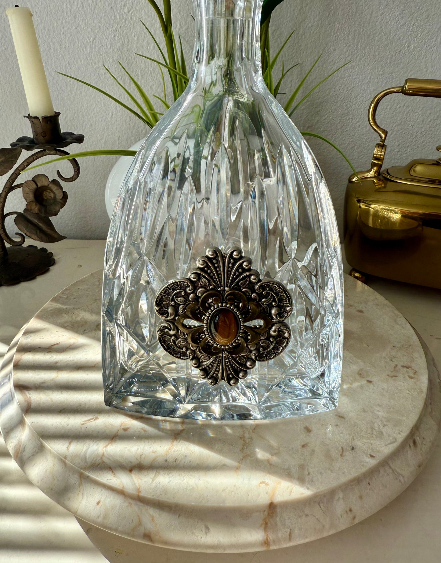 Ann Cichon Dallas Vintage Crystal Decanter with Stopper and Silver Tone Metal Jewels and Stones