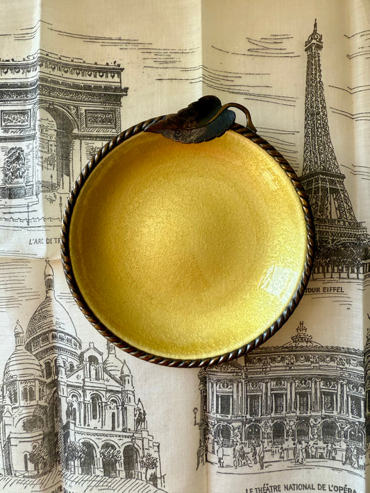 Vintage 1950s Small Yellow Round Guilloche Ashtray, Enamel on Metal Dish/ Plate or Jewelry Holder Tray with Leaf Decoration by Evans