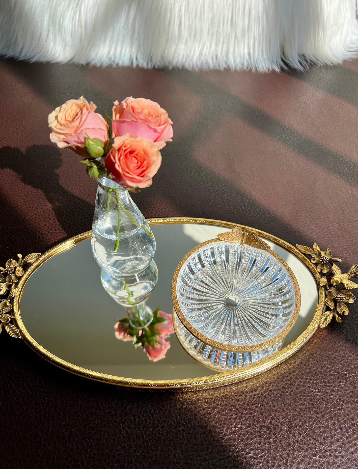 French Cut Crystal Glass Vintage Trinket Dish with Gilt Rim and Butterfly