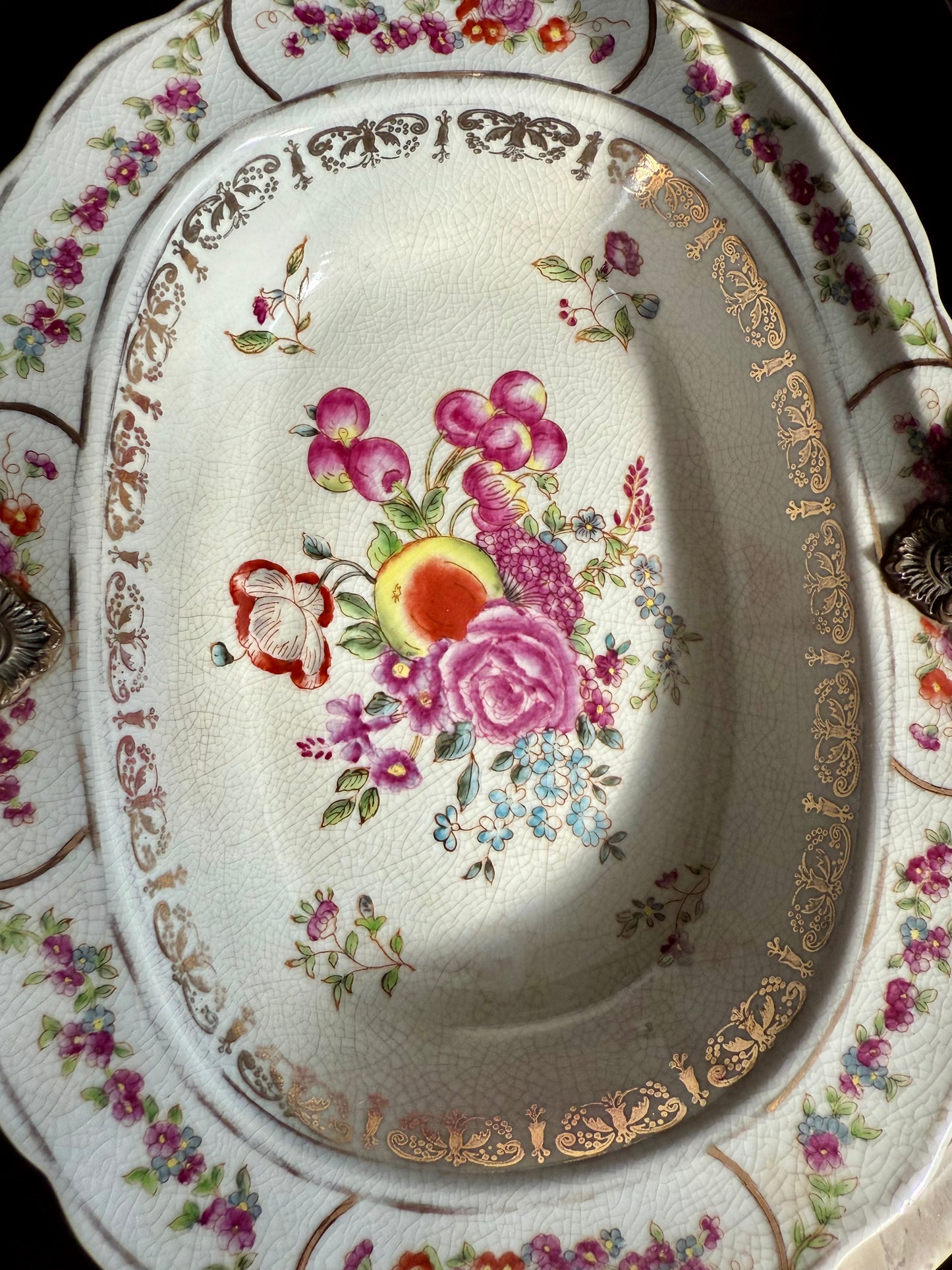 Porcelain Oval Crackle Glazed Vintage Basket Serving Dish with Decorative Bronze Handle, Floral Design and four Legs