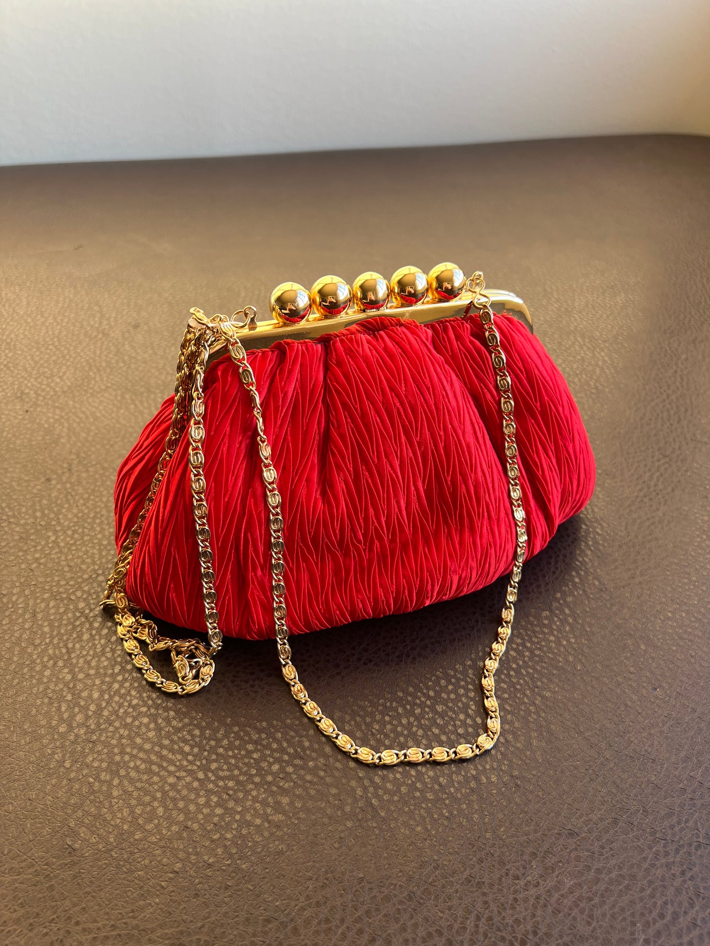 Crossbody Clutch, Robinsons Vintage Red Evening Purse, Handbag (1980s, 1990s) Pleated Satin