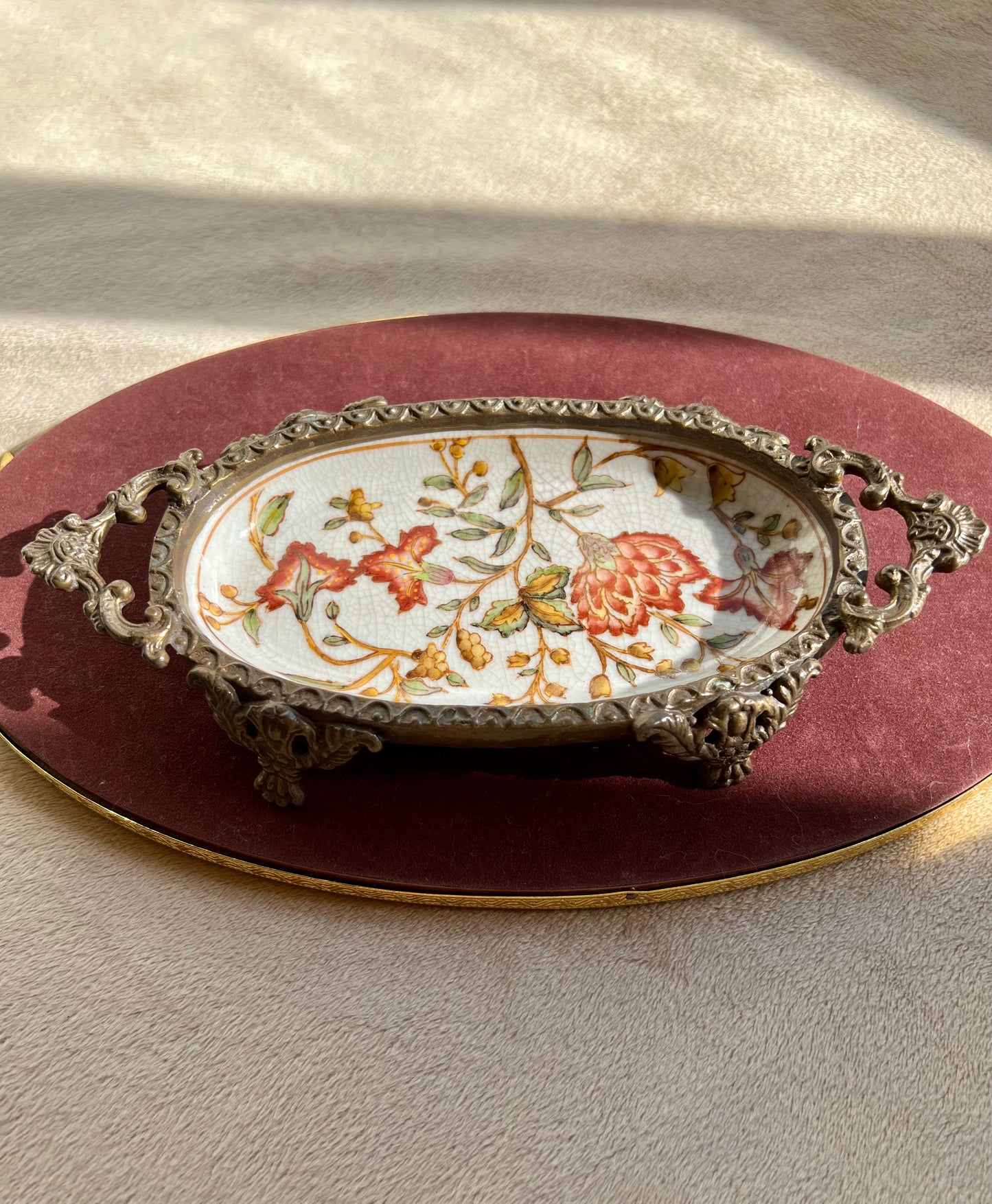 Chinese Vintage Brass and Porcelain Footed Floral Soap Dish Or Trinket Dish