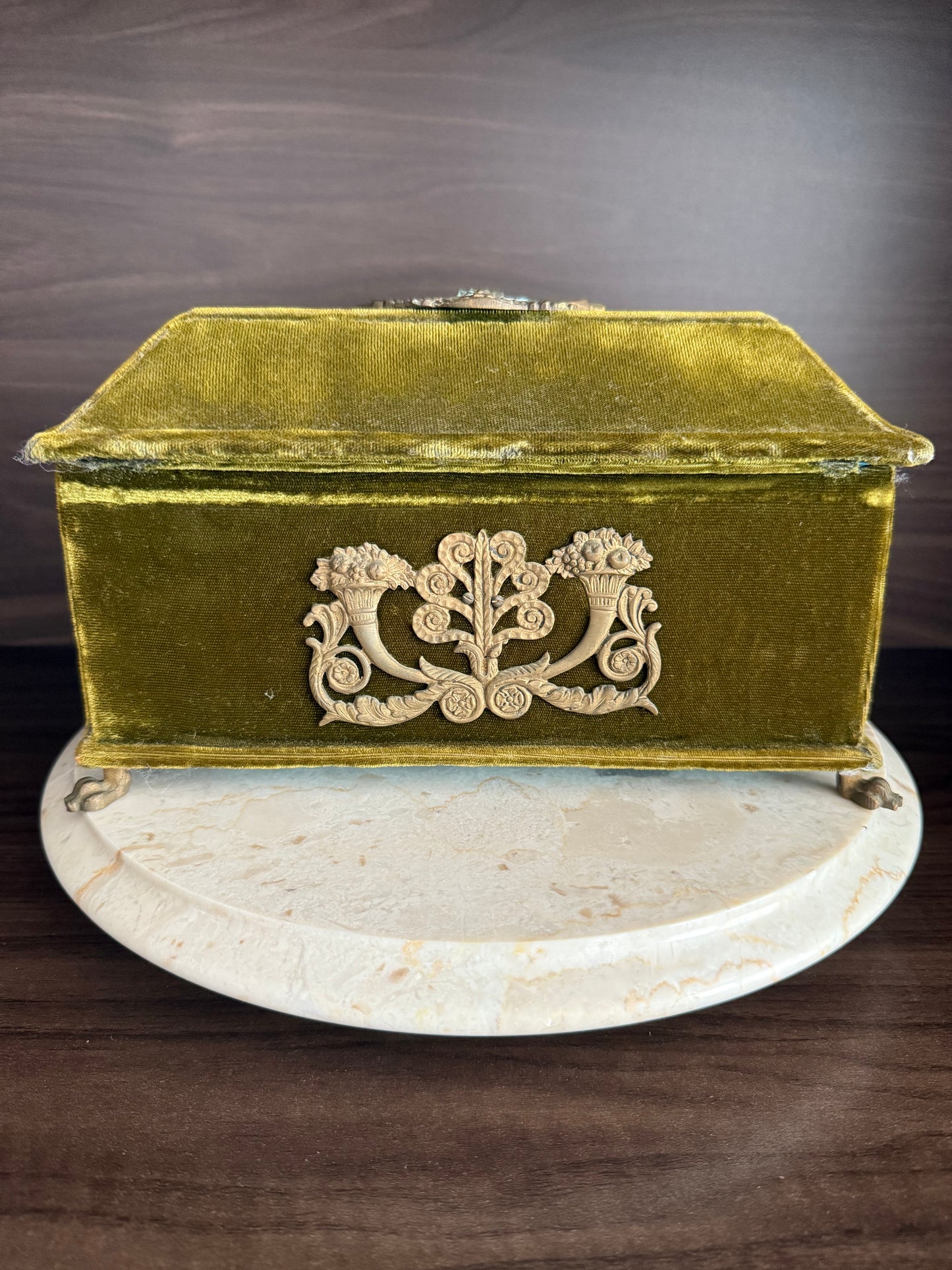 Antique Victorian Jewelry Box “Boudoir” or Sewing Box in Mustard/ Golden/ Green Velvet, Inside Blue Silk from the Early 20th Century