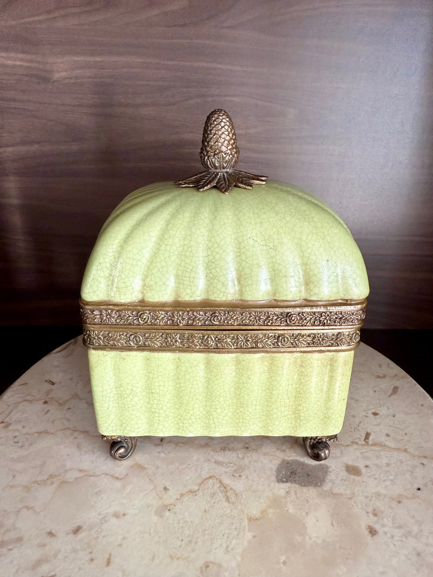 Vintage Porcelain Trinket Dish or Jewelry Box in a Glossy Crackle finish & Bronze Trims on four Legs