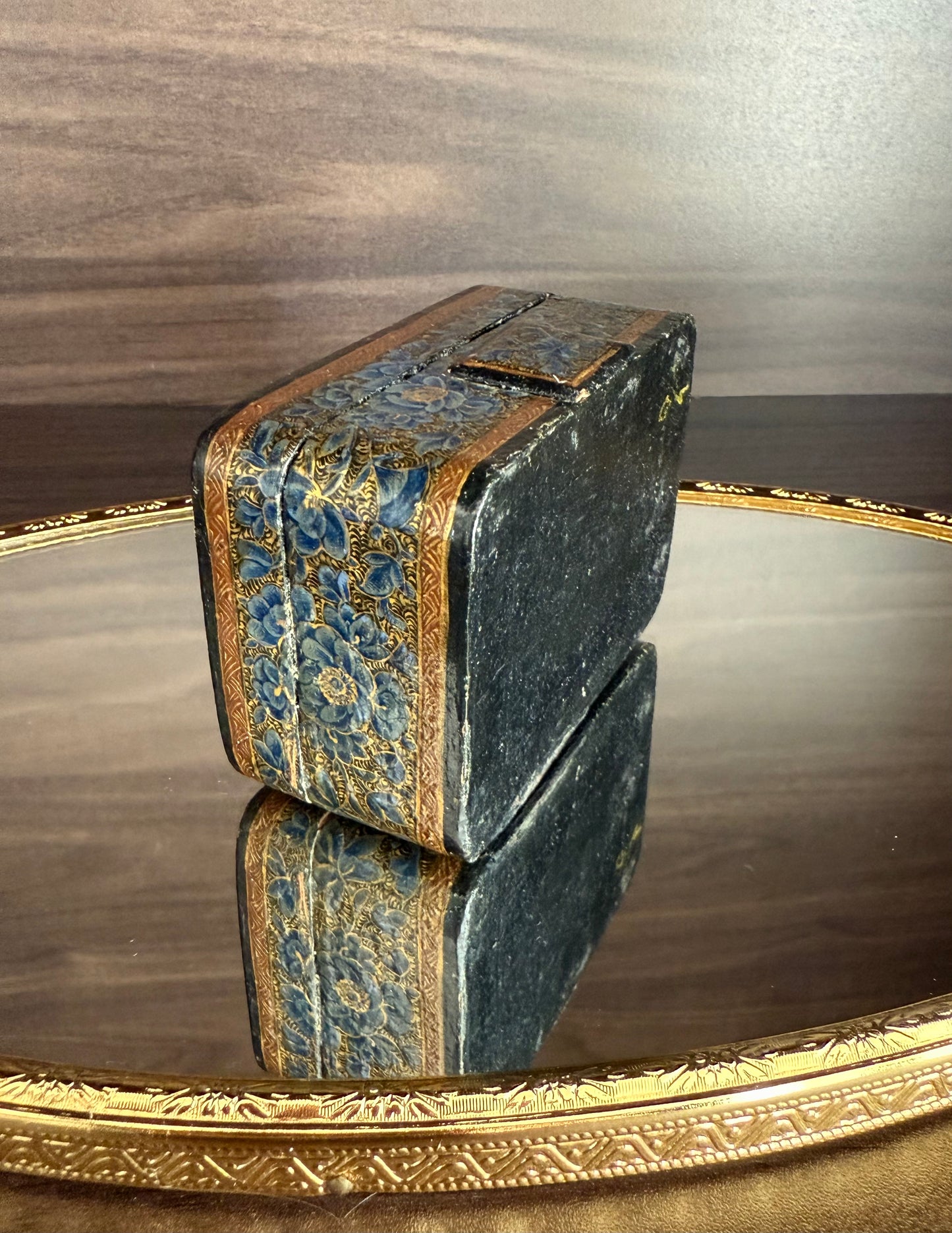 Beautiful Vintage Blue and Gold Hand-Painted Wooden Kashmir Papier-Maché Ring Holder or Jewelry Box