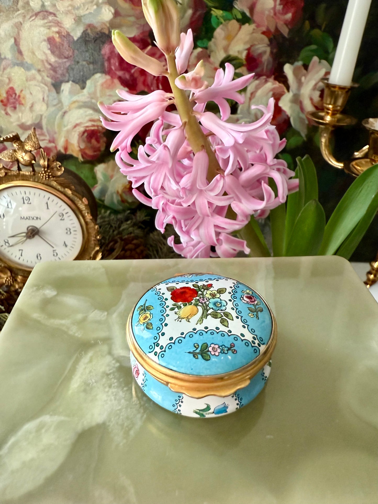 Halcyon Days Bilston and Battersea Hand-painted Enamel Vintage Trinket/ Jewelry or Pill Box, Made in England