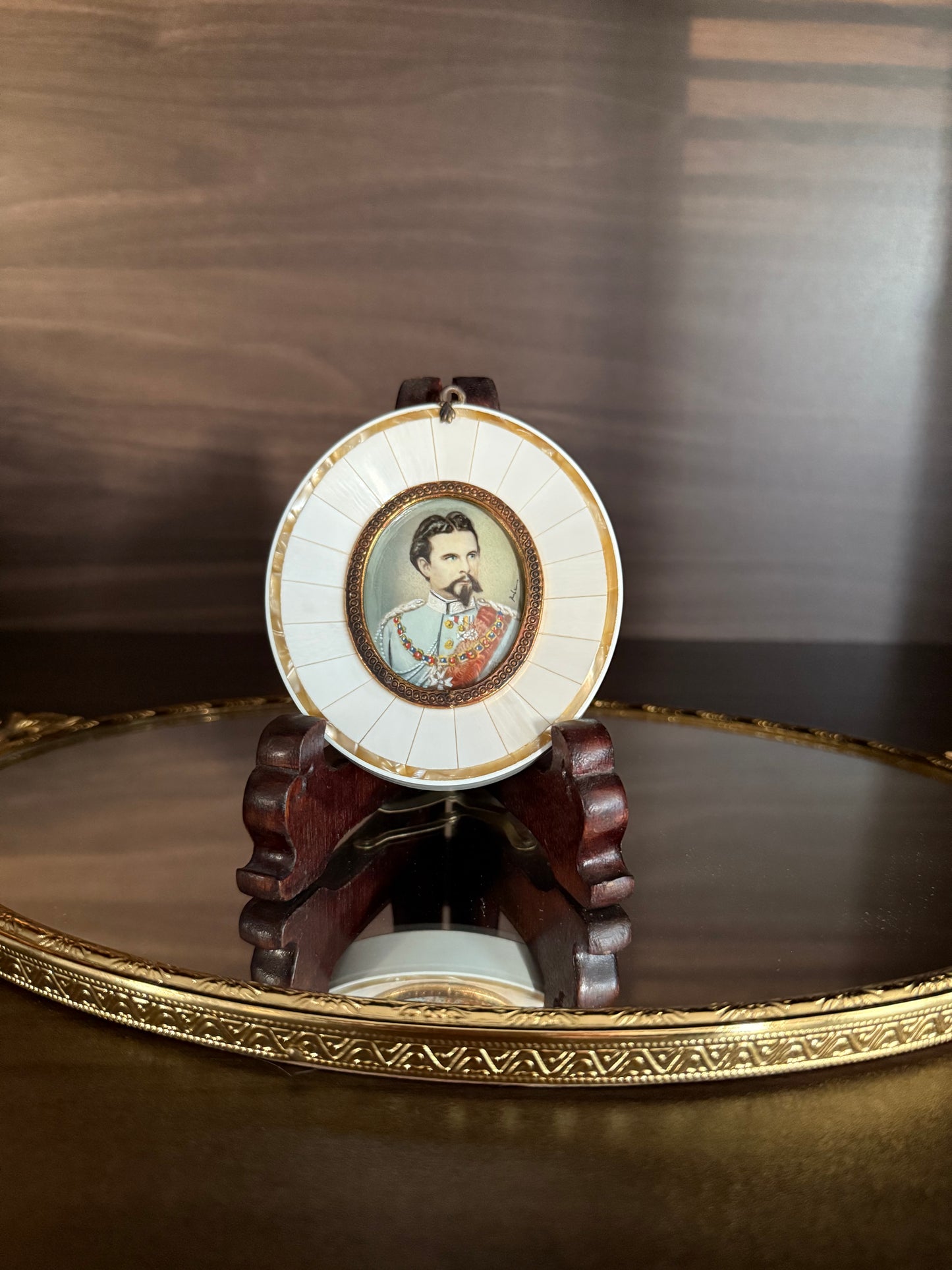 19th-century Antique Miniature Painting Portrait of King Ludwig II of Bavaria with Mother-of-Pearl Frame