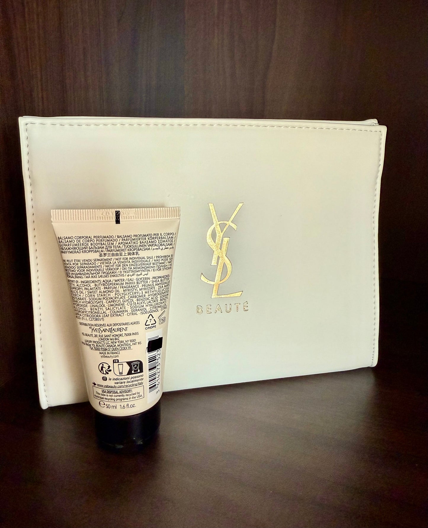 Yves Saint Laurent YSL White Makeup Bag with LIBRE Perfumed Body Balm, New - Never Used