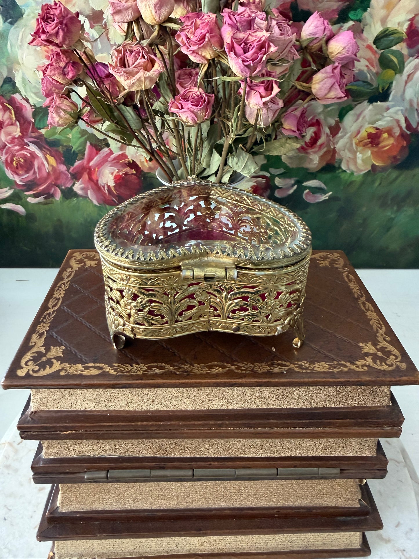Antique French Style Gold-plated Ormolu Filigree Heart-shaped Trinket or Jewelry Box with a Plush Red Velvet Lining