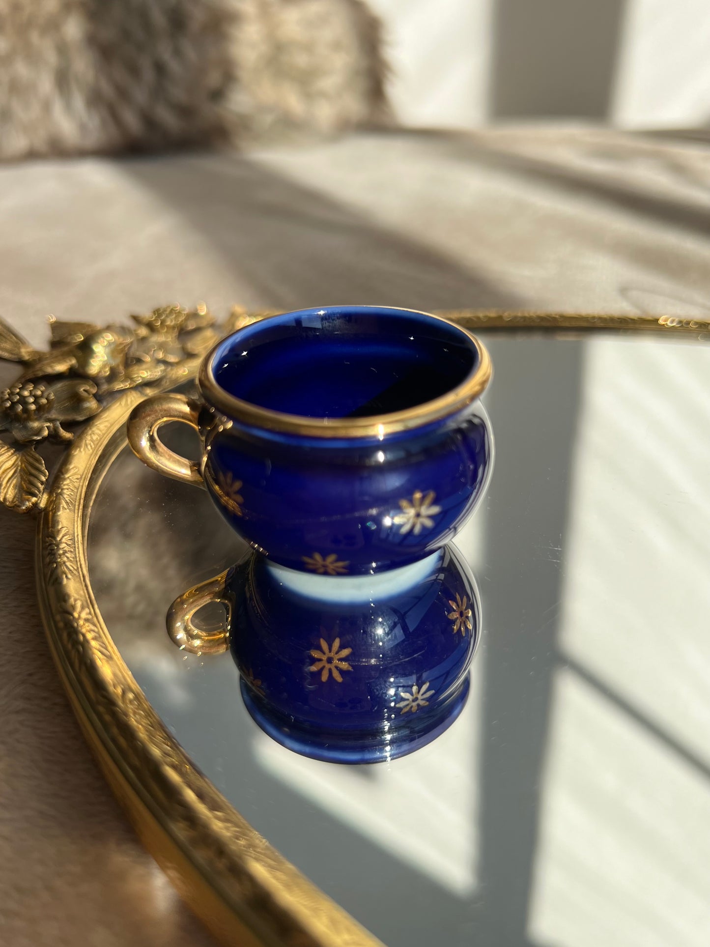 Gold Patterned Cobalt Blue Miniature Limoges Porcelain Plate & Bowl