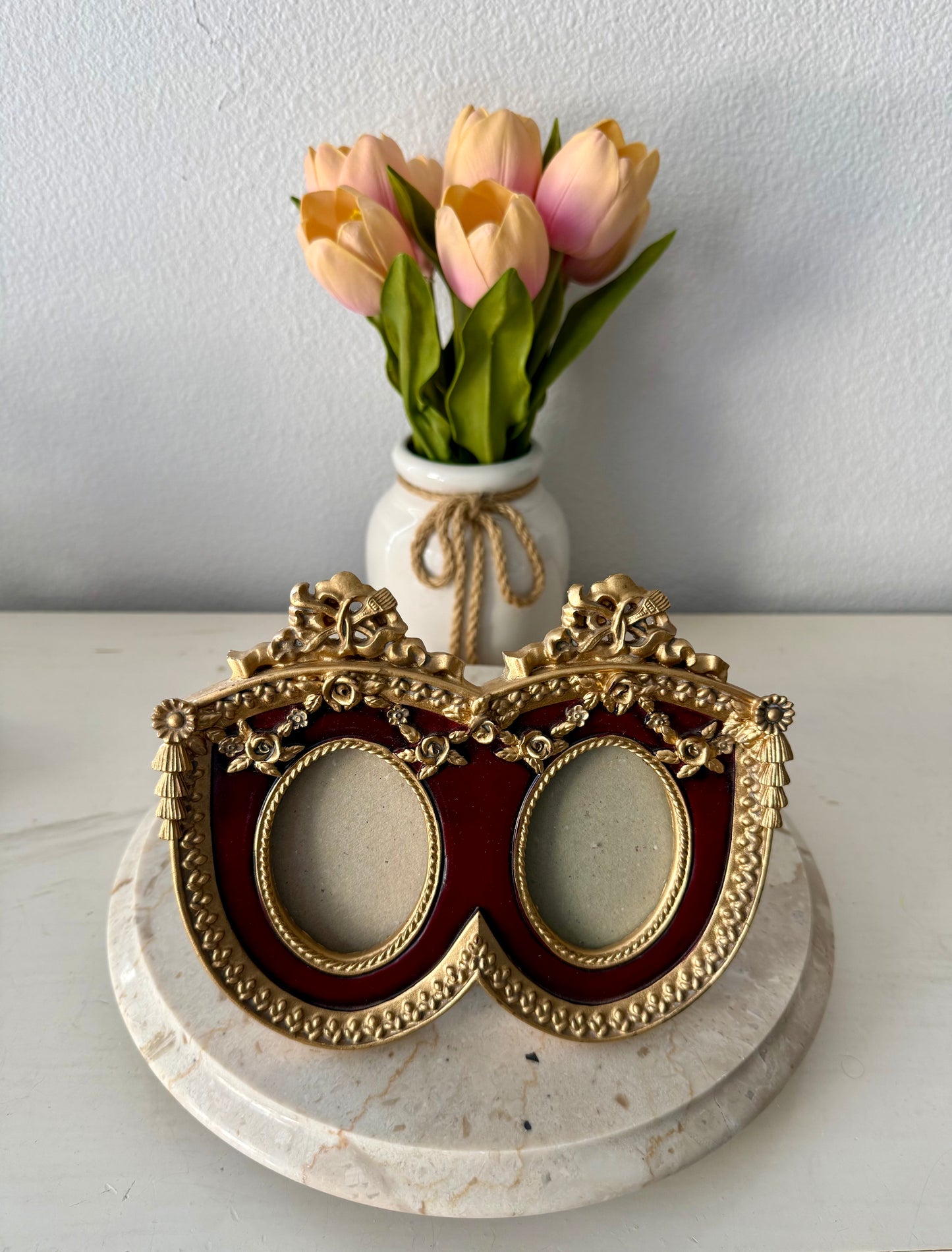 French Baroque Style Vintage Gold And Burgundy Oval Double Photo Frame (NOT Brass)