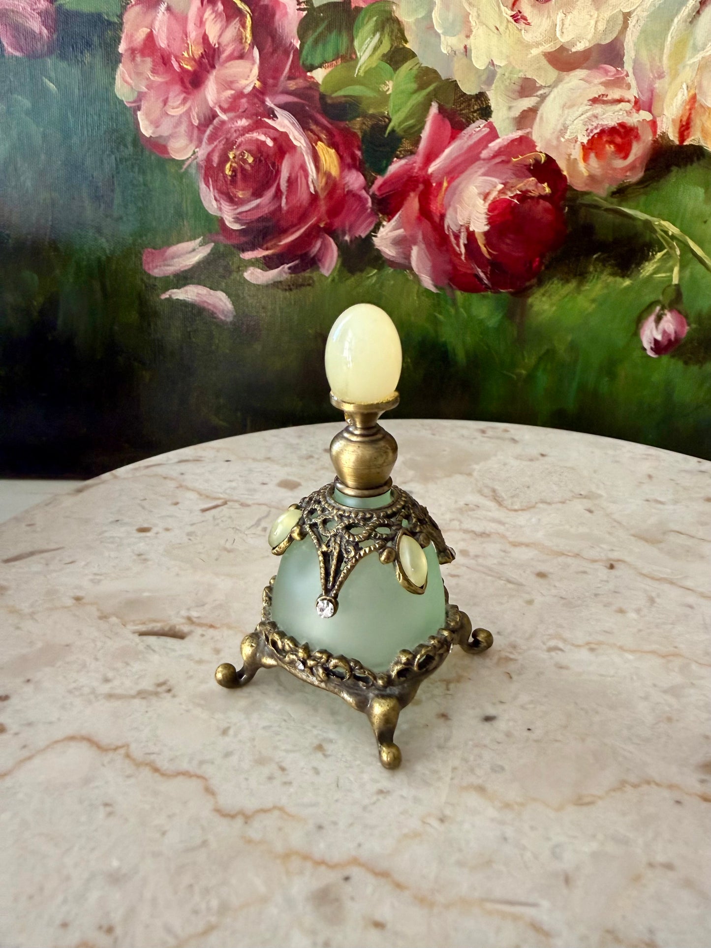 Vintage Frosted Green Glass Perfume Bottle Decorated with Rhinestones and Gemstones - Empty