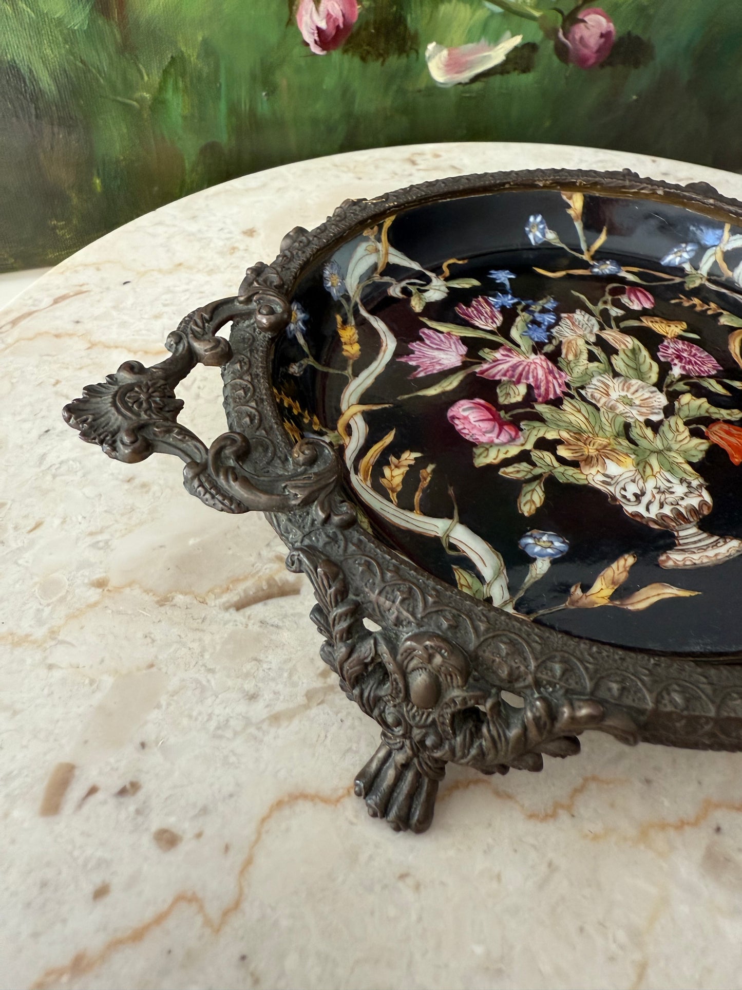 Antique Porcelain Chinese Hua Rong Tang Zhi Bronze Footed, Enameled Hand-Painted Flowers Trinket or Soap Dish, Ornate Tray