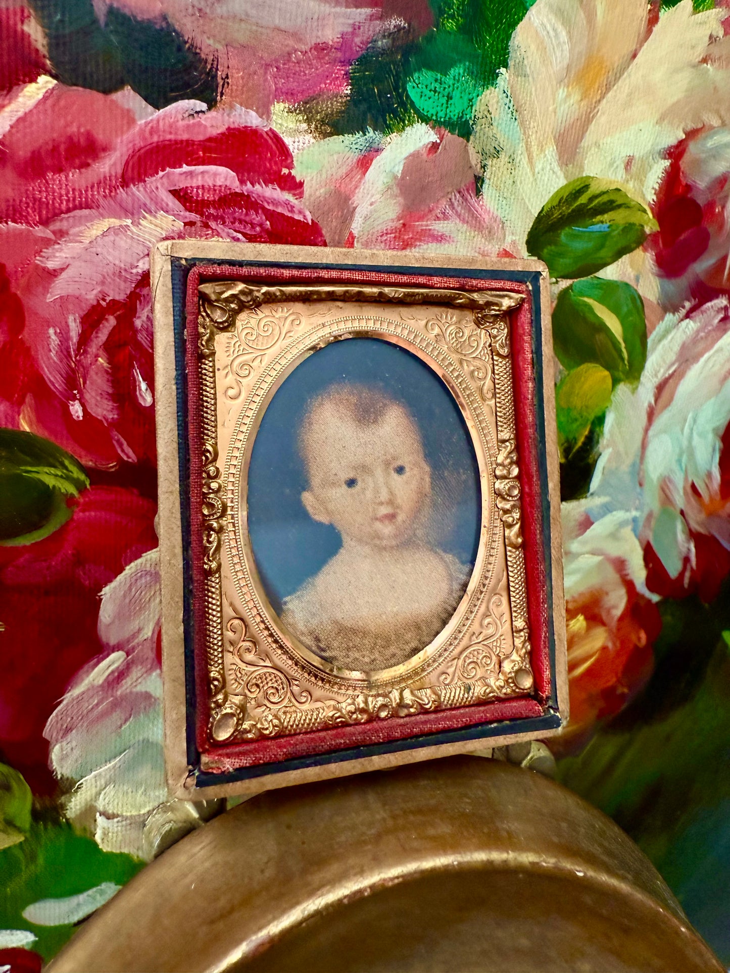 Vintage/ Antique Miniature Golden Wooden Frame with Print Portrait of a Baby