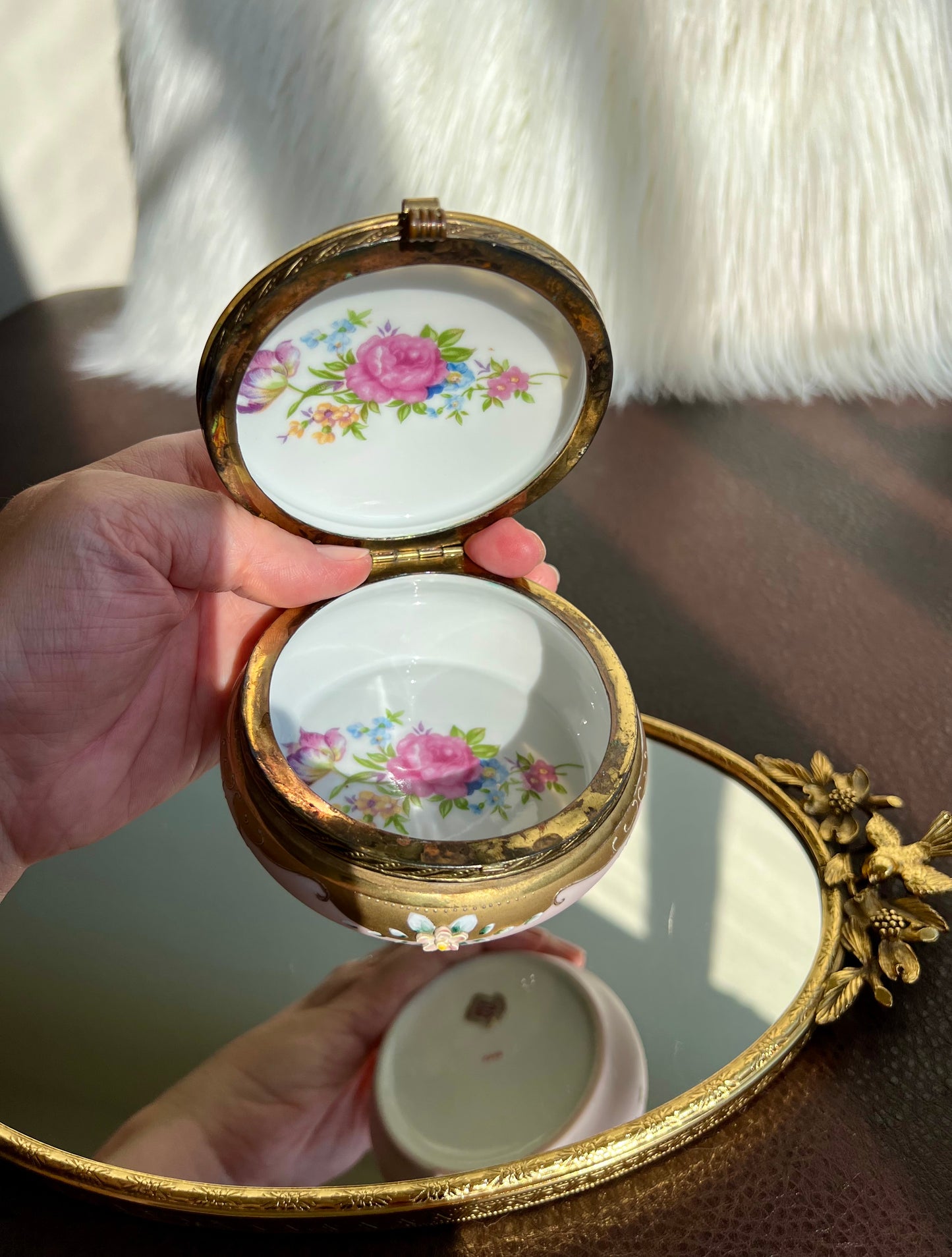 Vintage or Antique Porcelain Trinket Box with Hinged Lid & Applied Flowers and Gold Trim