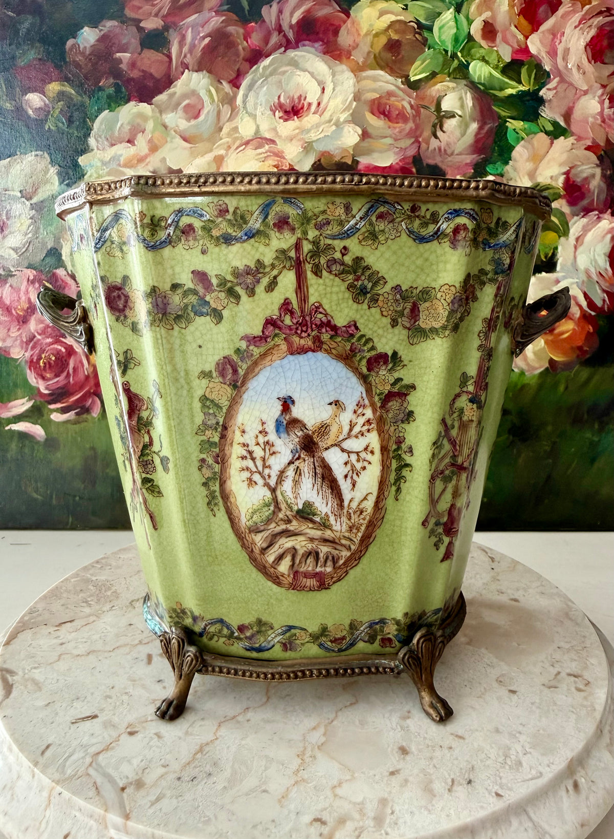 Antique Green Pheasant Bird and Floral Garland Porcelain Brass Footed Cache Pot or Jardiniere