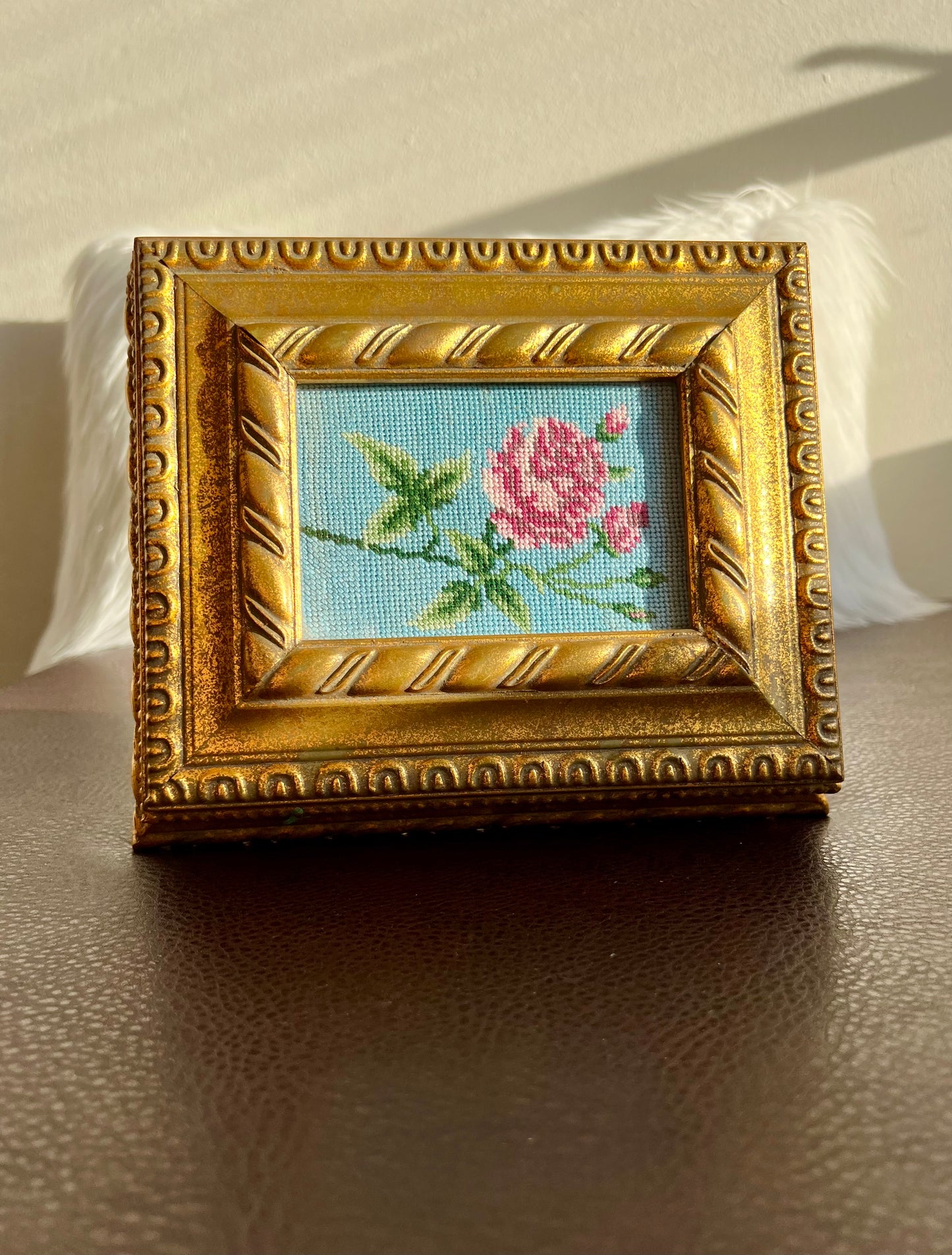 Florentine Style Vintage Gilded Wooden Jewelry Box with Tapestry Flower Decoration on Top Lid, Black Plush Lining Inside