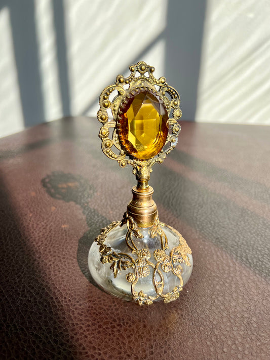 Gold Plated Ornate Perfume Bottle with Topaz Color Stone and Dauber, Ormolu Filigree