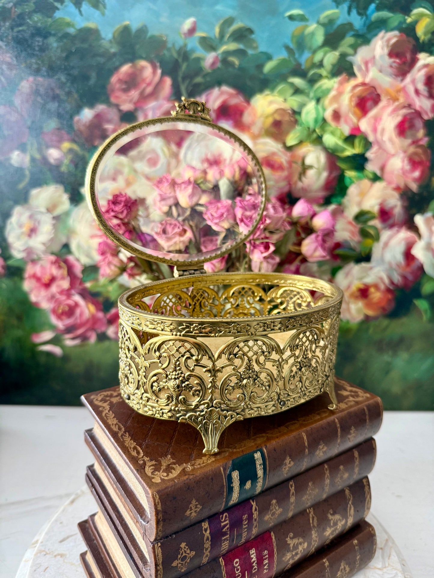 Matson Style Vintage Gold-plated and Glass Hollywood Regency Oval Ormolu Brass Jewelry/ Trinket Box