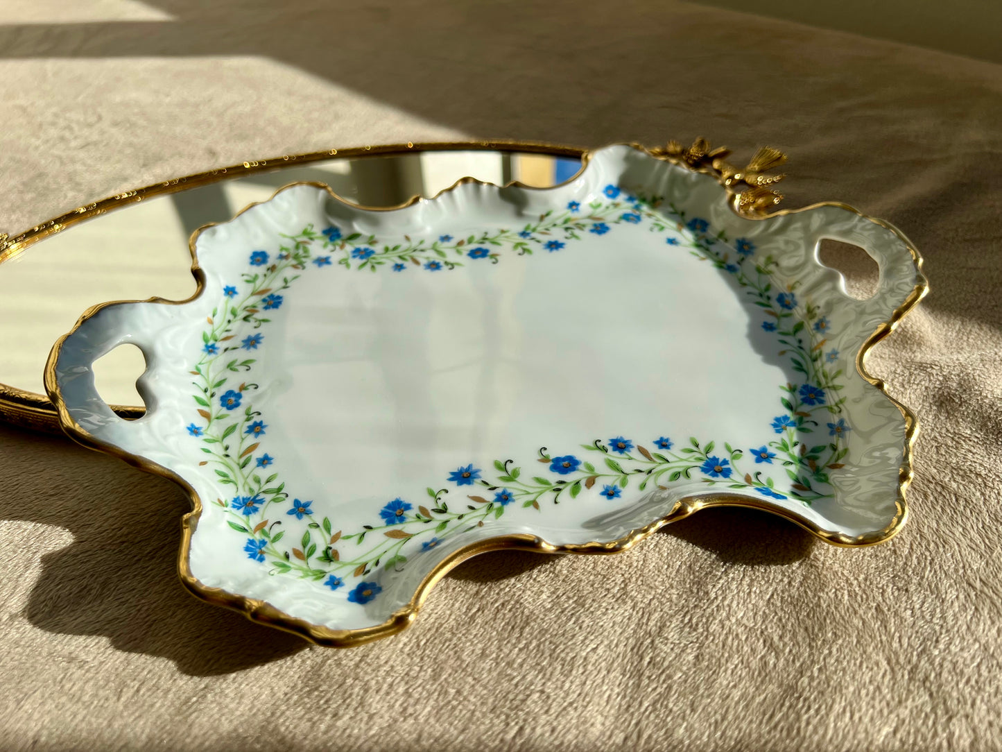 Limoges Vintage Chamart France Blue Floral and Gold Porcelain Tray