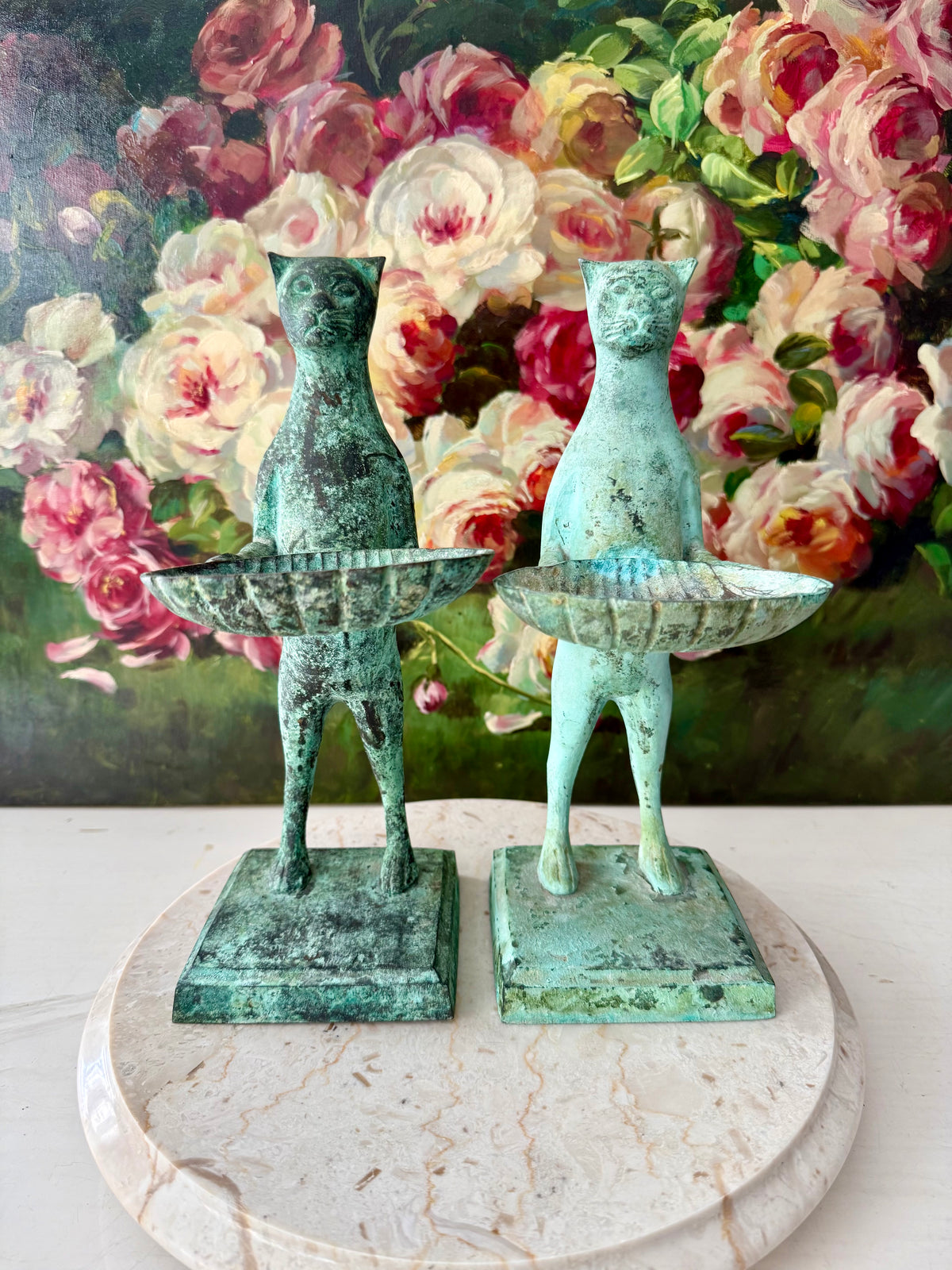 Antique Diego Giacometti-Style Patinated Bronze "Cat Butler" Statues, often used as Soap Dishes, Business Card Holders, or Trinket Trays - This price applies to a single item only!