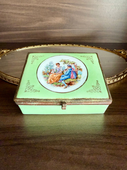 Antique European French Style Green Porcelain Jewelry or Trinket Hinged Box