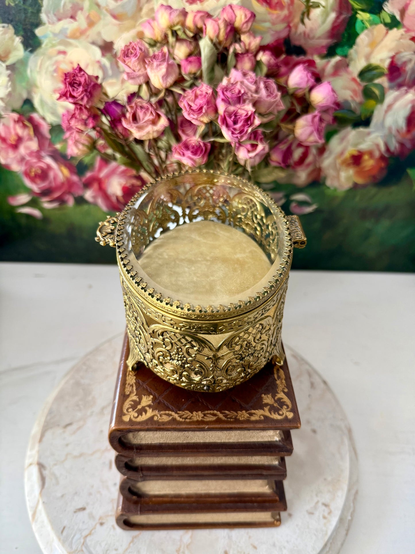 Matson Style Vintage Gold-plated and Glass Hollywood Regency Oval Ormolu Brass Jewelry/ Trinket Box