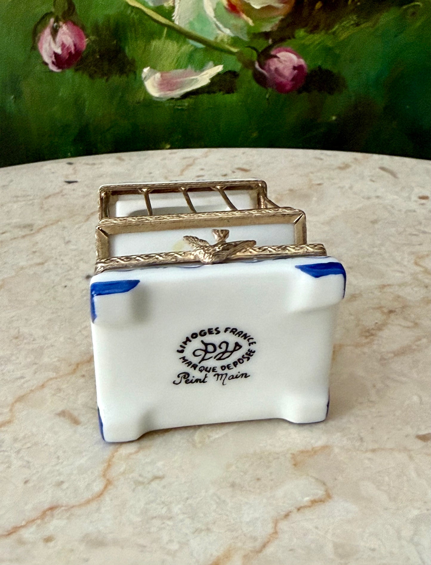 French Limoges Hand-painted Vintage Porcelain Love Birds in Cage Trinket/ Pill or Jewelry Box