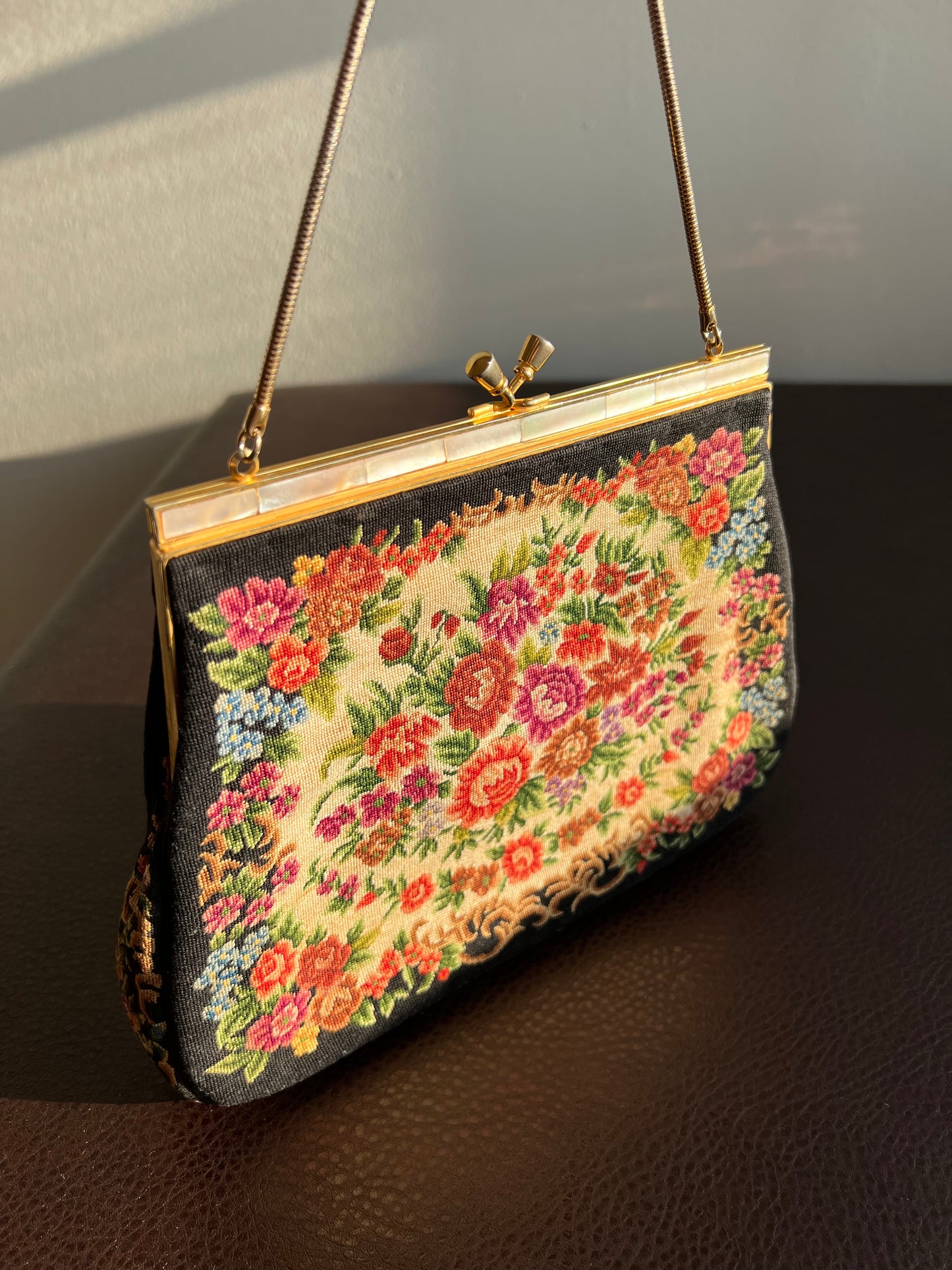 Tapestry Vintage Handbag/ Purse with Floral Rose Decoration and Mother of Pearl Edge, Burgundy Satin Inside