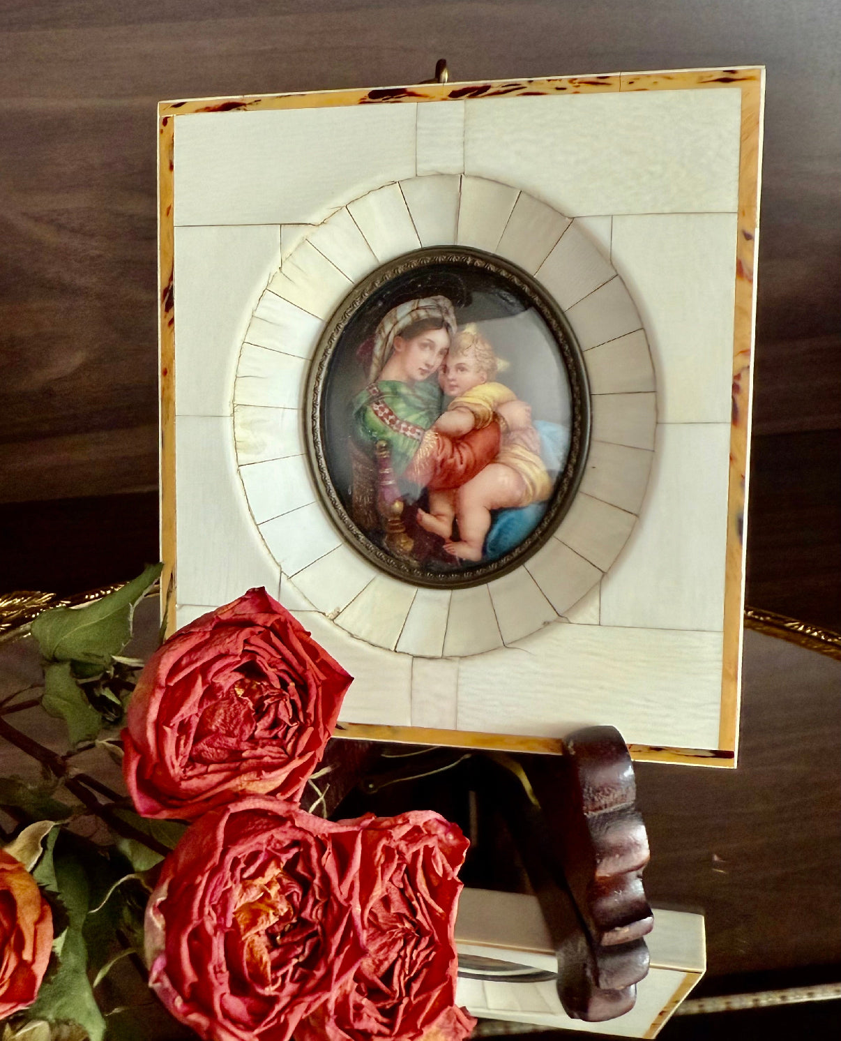 Antique Italian Miniature Porcelain Plaque Hand-painted Madonna and Child in Bone Frame