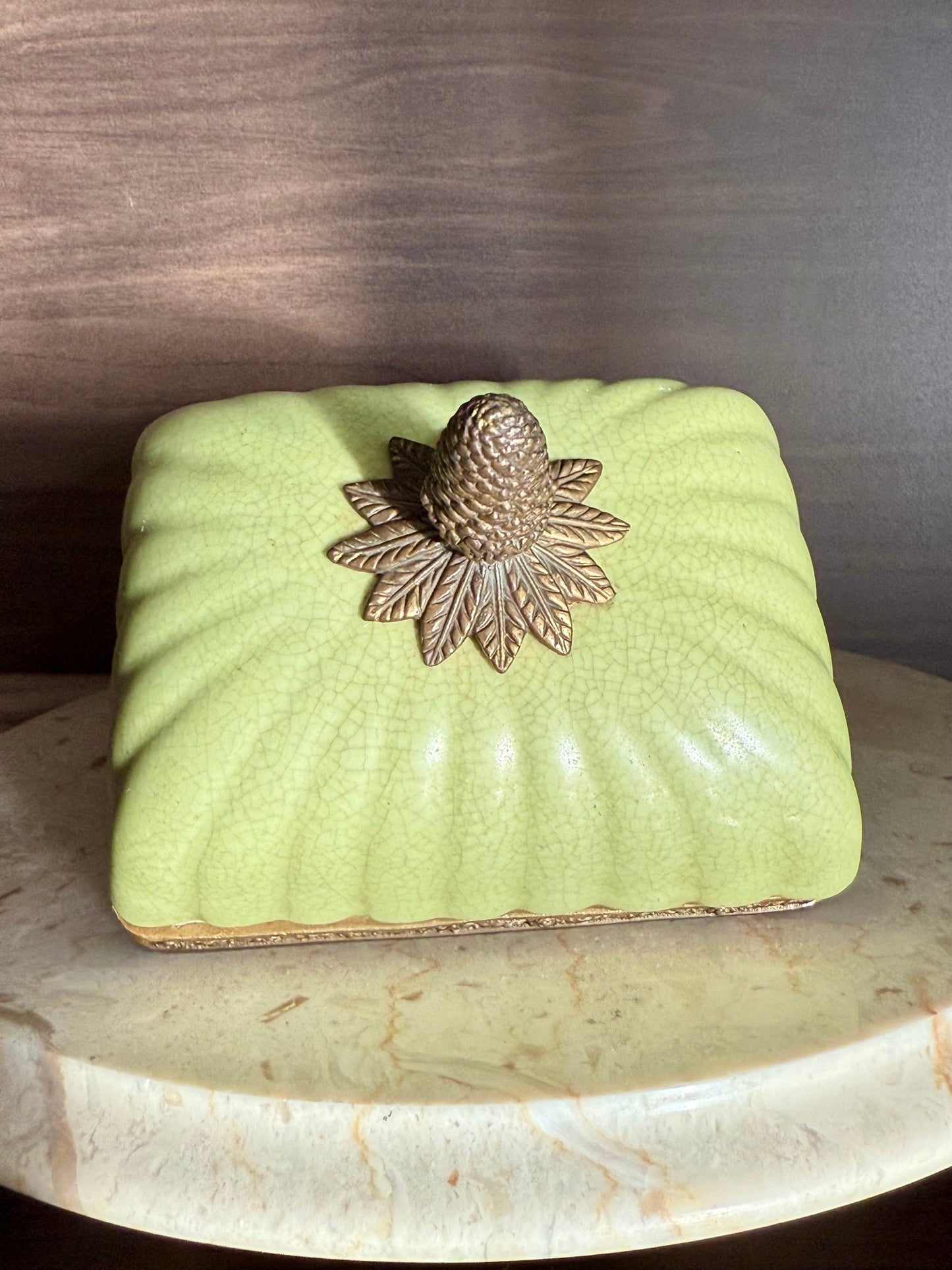 Vintage Porcelain Trinket Dish or Jewelry Box in a Glossy Crackle finish & Bronze Trims on four Legs