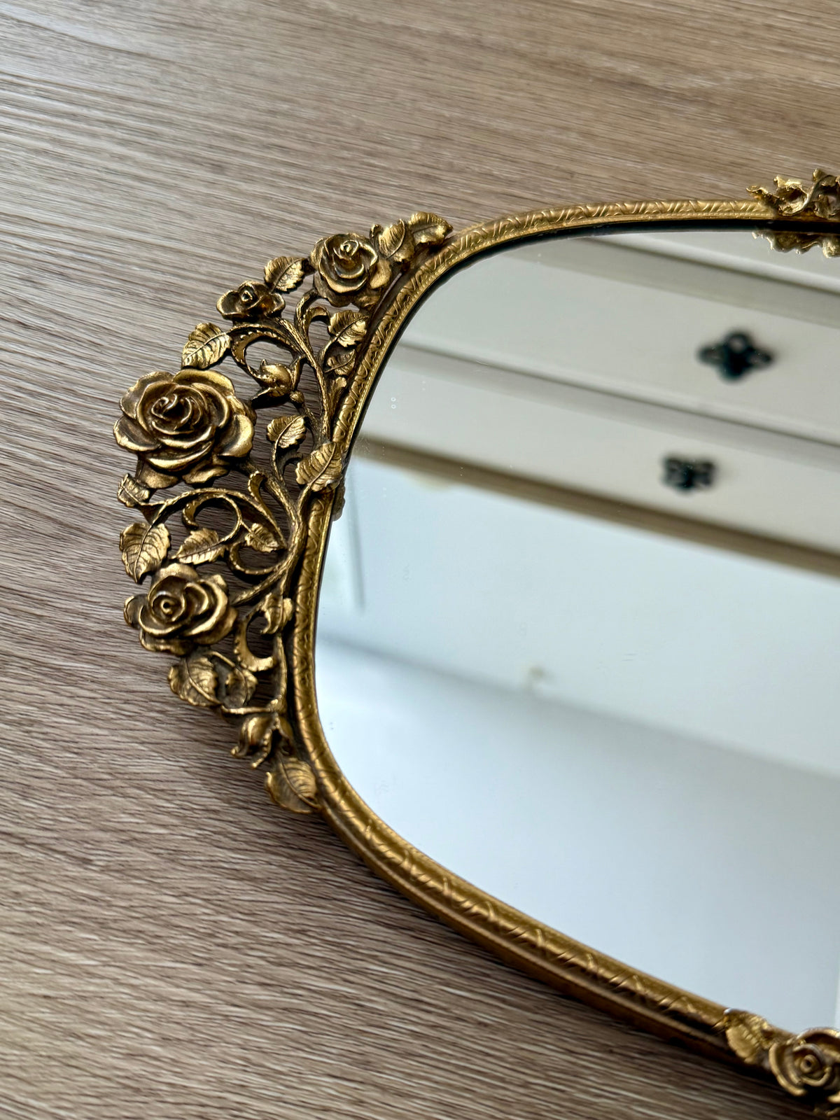 Matson Hollywood Regency Vintage Ornate 24K Gold Gilt Vanity Perfume Mirror Tray with Roses Motifs