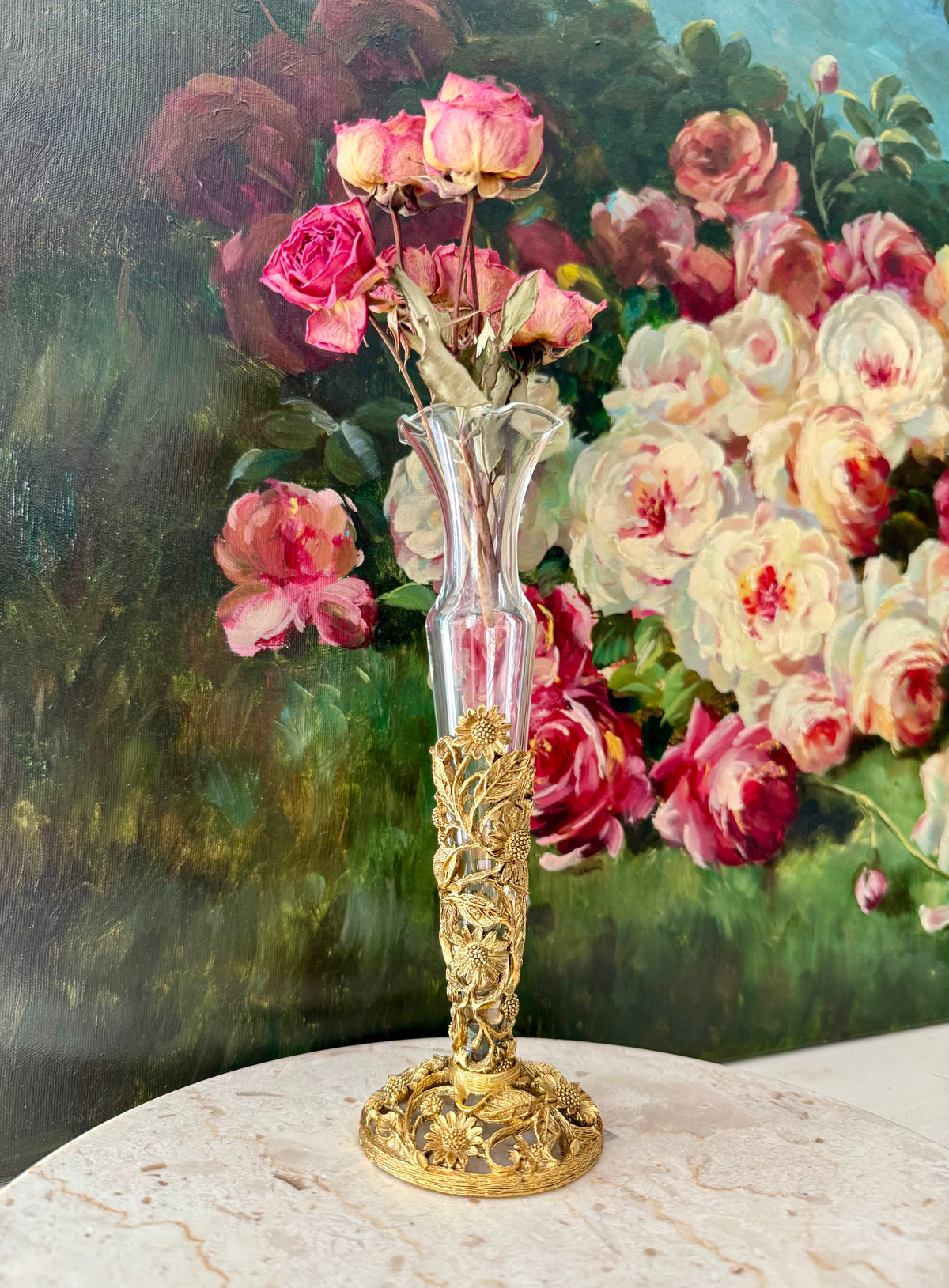 24k Vintage Matson Gold-plated Sunflower Brass Filigree Ormolu with Removable Glass Vase
